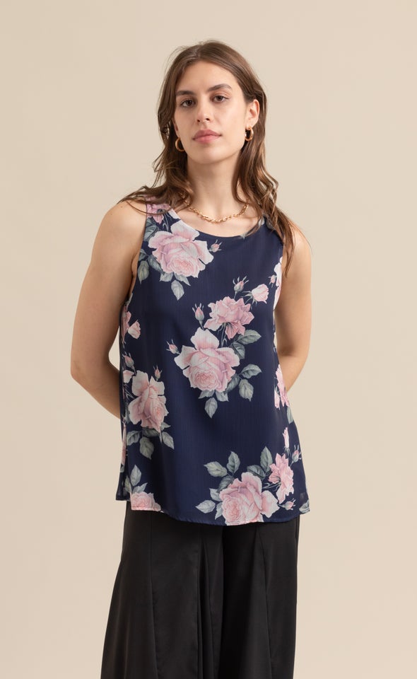 Chiffon Overlay Shell Top Navy/blush
