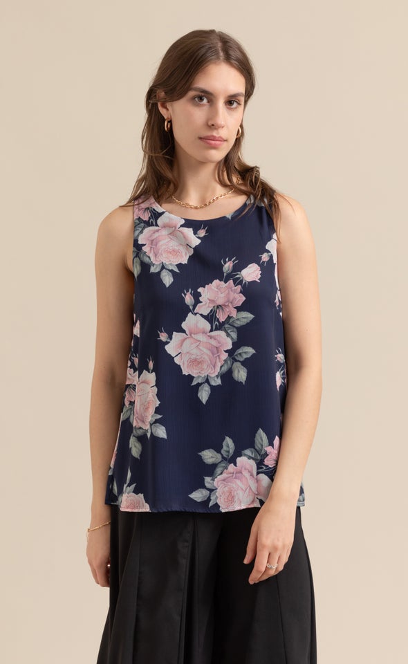 Chiffon Overlay Shell Top Navy/blush