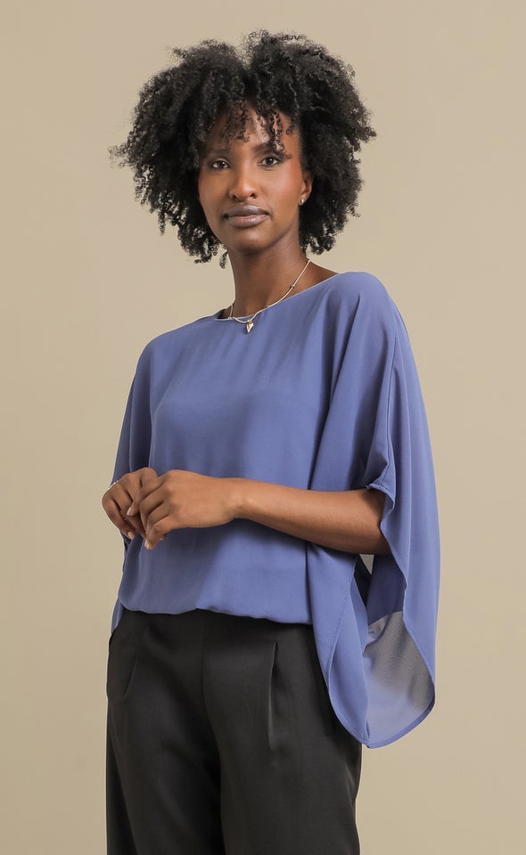 Chiffon Plain Kaftan Top Mid Blue