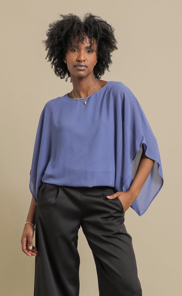 Chiffon Plain Kaftan Top Mid Blue