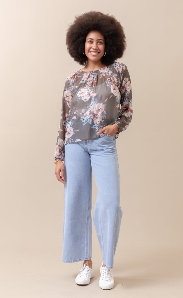 Chiffon Pleat Detail LS Top Khaki/floral
