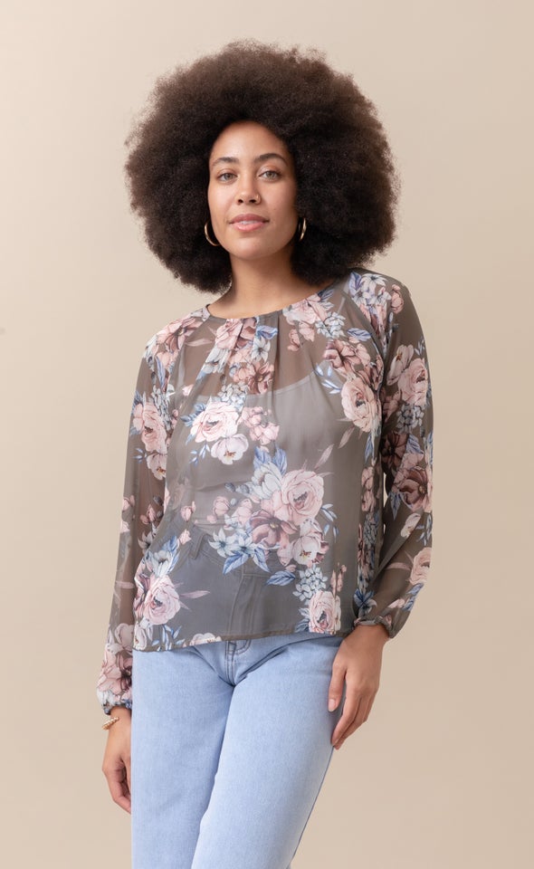Chiffon Pleat Detail LS Top Khaki/floral