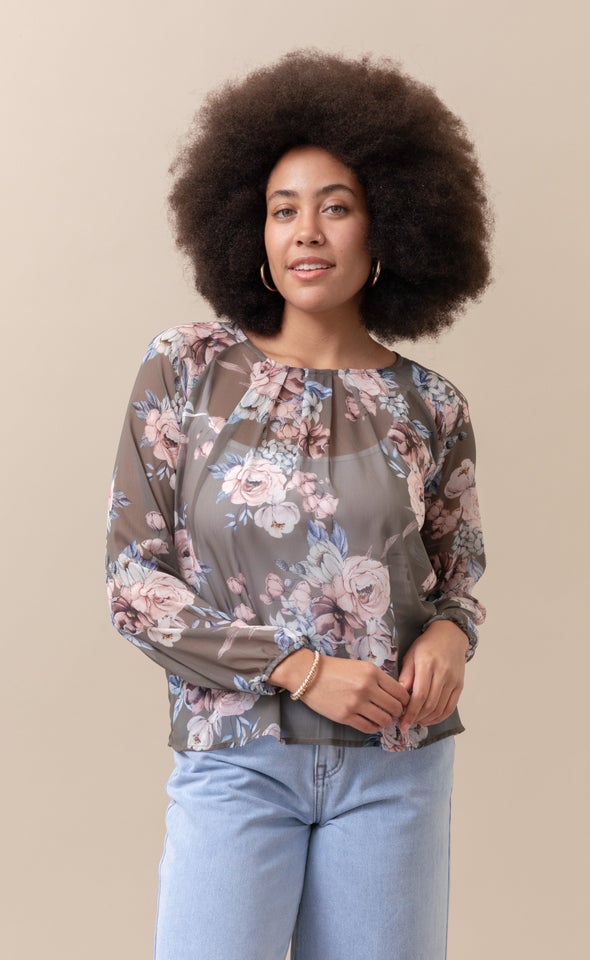 Chiffon Pleat Detail LS Top Khaki/floral
