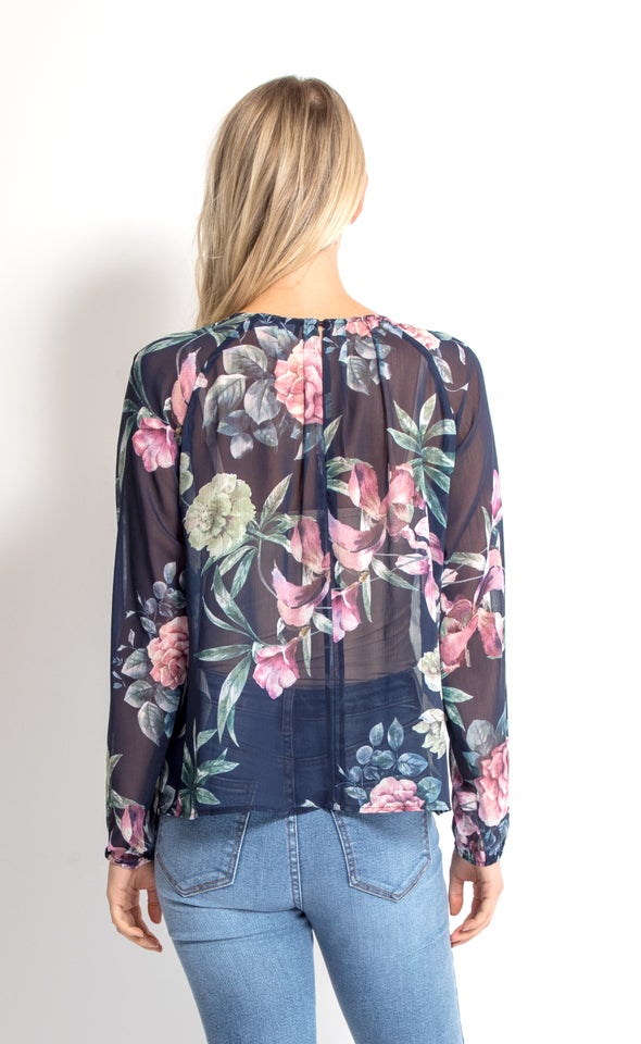 Chiffon Pleat Detail LS Top Navy/floral