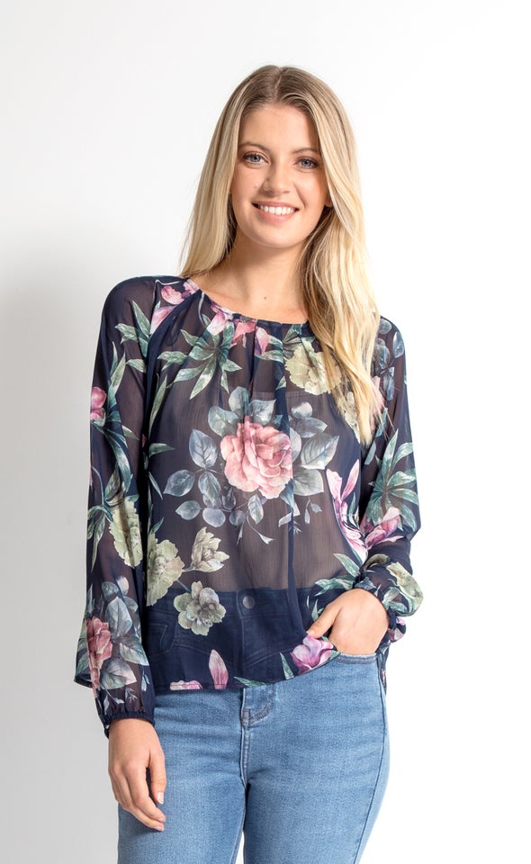 Chiffon Pleat Detail LS Top Navy/floral