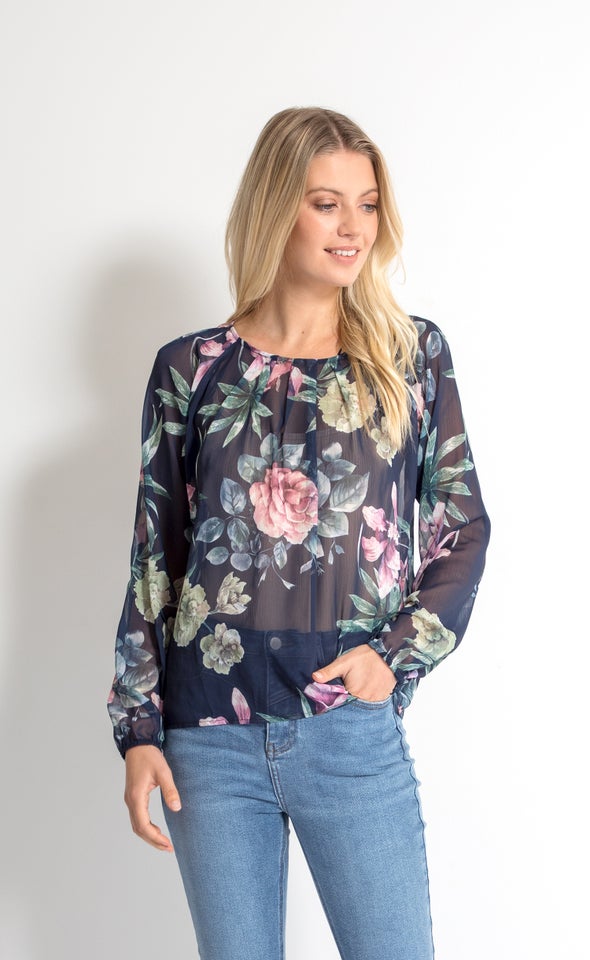 Chiffon Pleat Detail LS Top Navy/floral