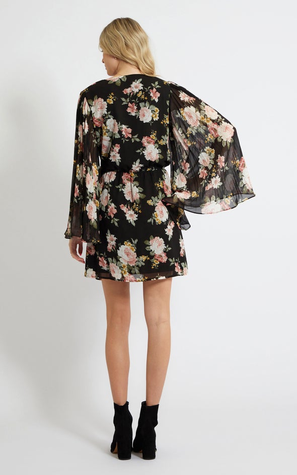 Chiffon Pleated Sleeve Wrap Dress Black/floral
