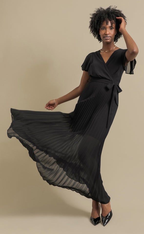 Chiffon Pleated Wrap Gown Black
