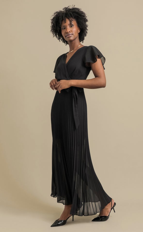Chiffon Pleated Wrap Gown Black