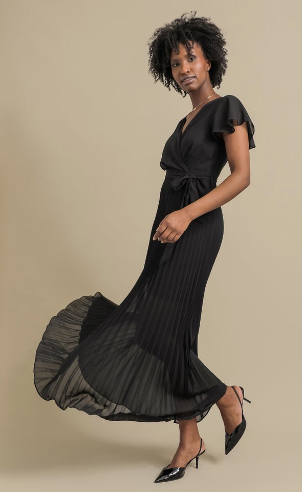 Chiffon Pleated Wrap Gown Black