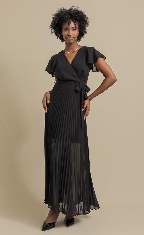 Chiffon Pleated Wrap Gown Black