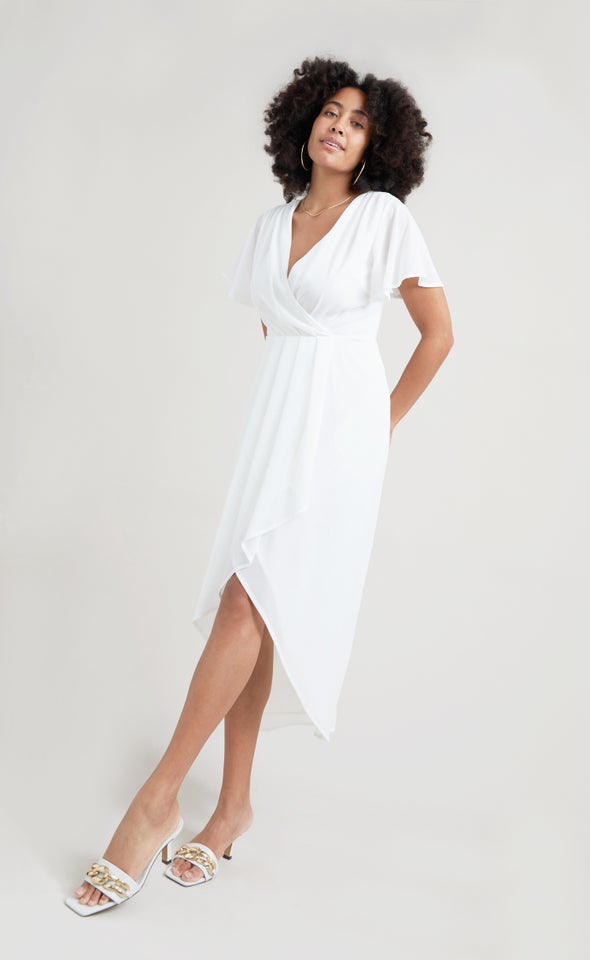 Chiffon Pleated Wrap Hi Low Gown Cream