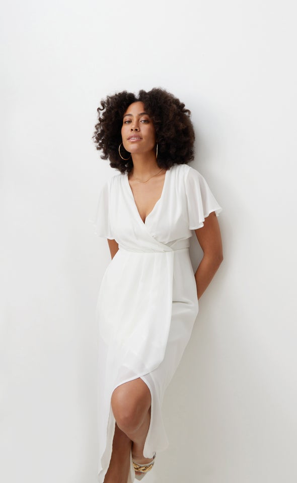 Chiffon Pleated Wrap Hi Low Gown Cream