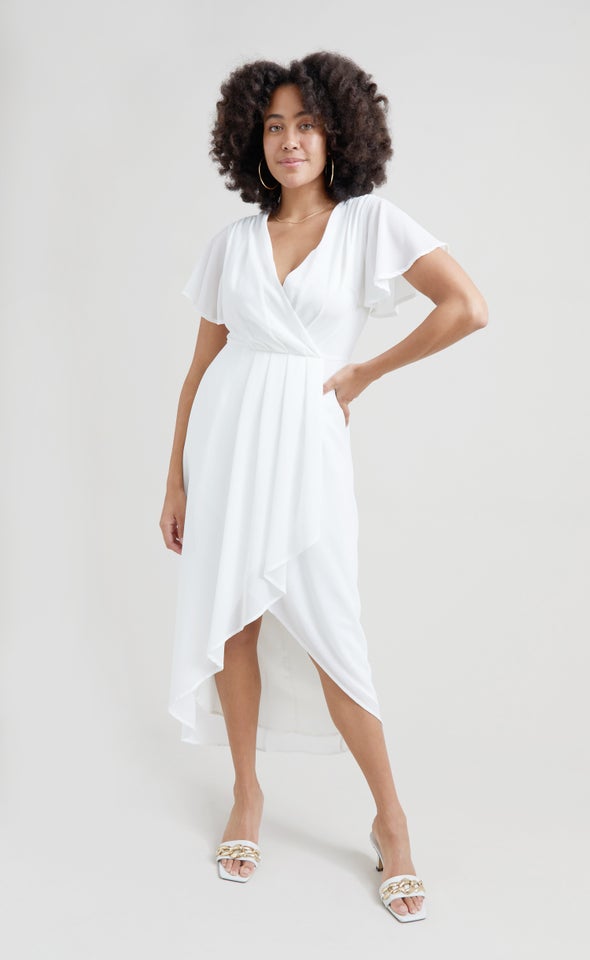 Chiffon Pleated Wrap Hi Low Gown Cream