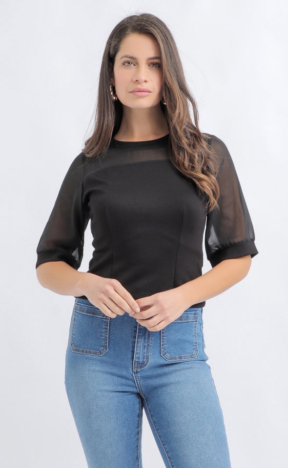 Chiffon Ponte Bodice Top Black