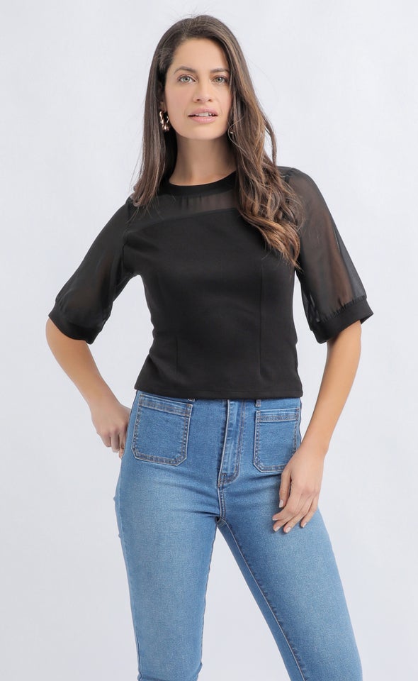 Chiffon Ponte Bodice Top Black