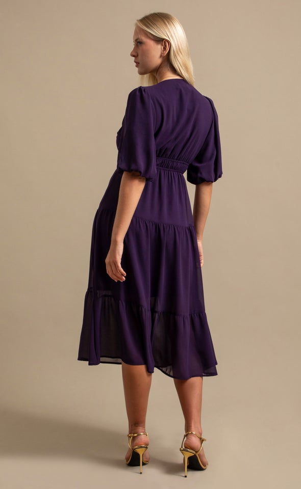 Chiffon Puff Sleeve Midi Dress Jewel