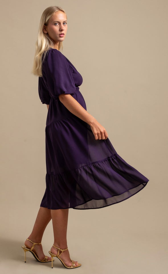 Chiffon Puff Sleeve Midi Dress Jewel