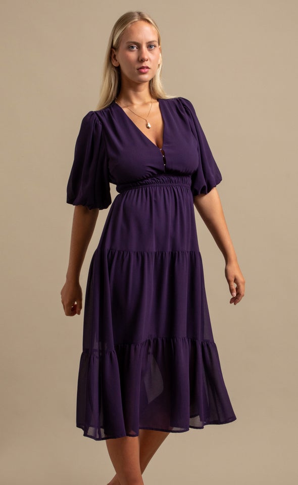 Chiffon Puff Sleeve Midi Dress Jewel