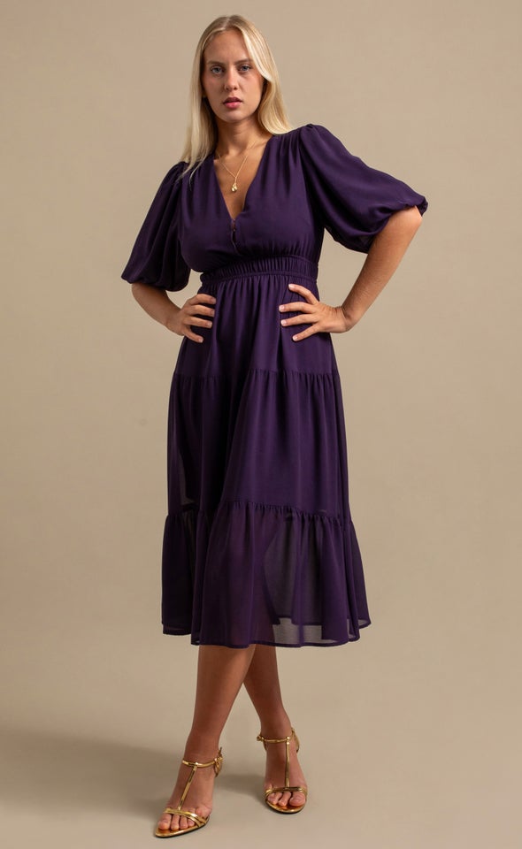 Chiffon Puff Sleeve Midi Dress Jewel