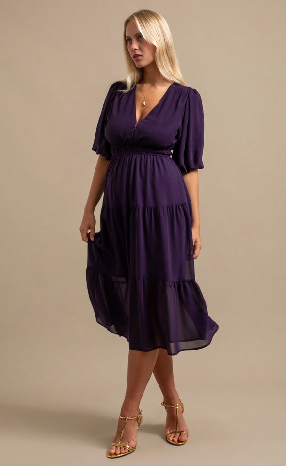 Chiffon Puff Sleeve Midi Dress Jewel