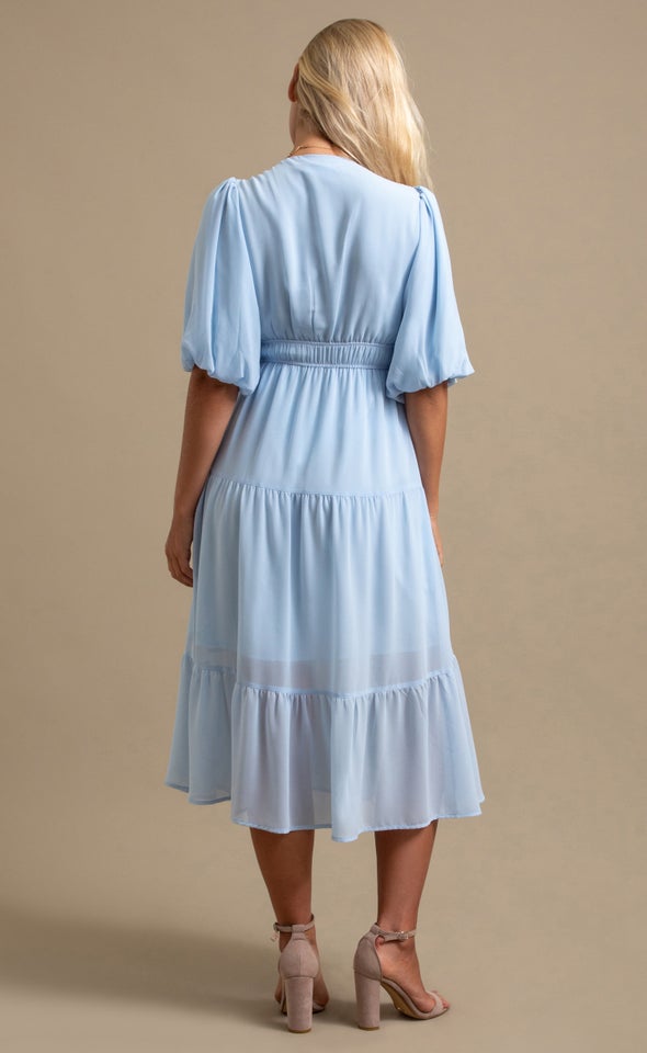 Chiffon Puff Sleeve Midi Dress Soft Blue