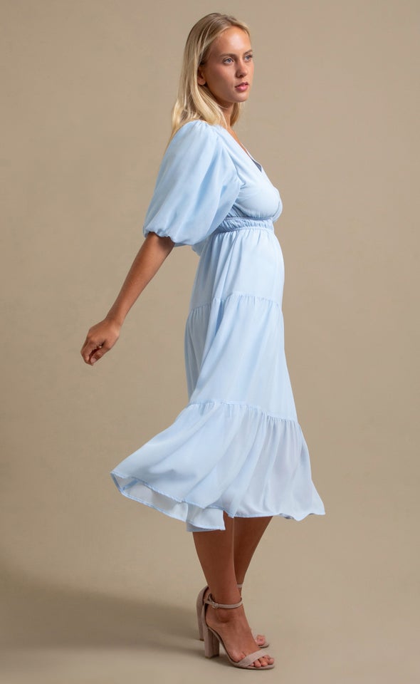 Chiffon Puff Sleeve Midi Dress Soft Blue