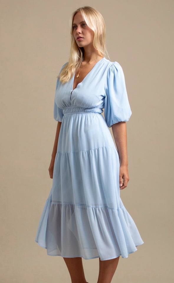 Chiffon Puff Sleeve Midi Dress Soft Blue