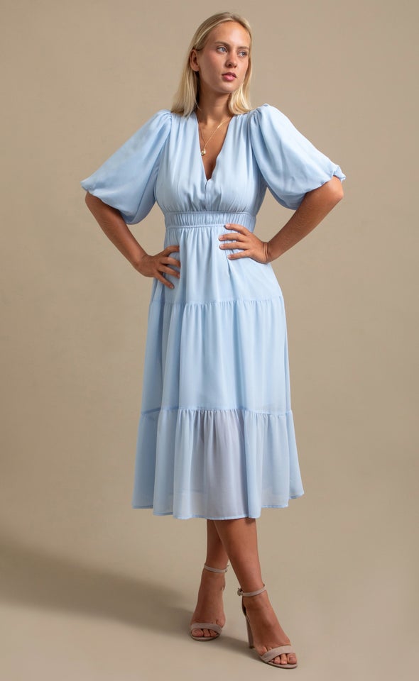 Chiffon Puff Sleeve Midi Dress Soft Blue