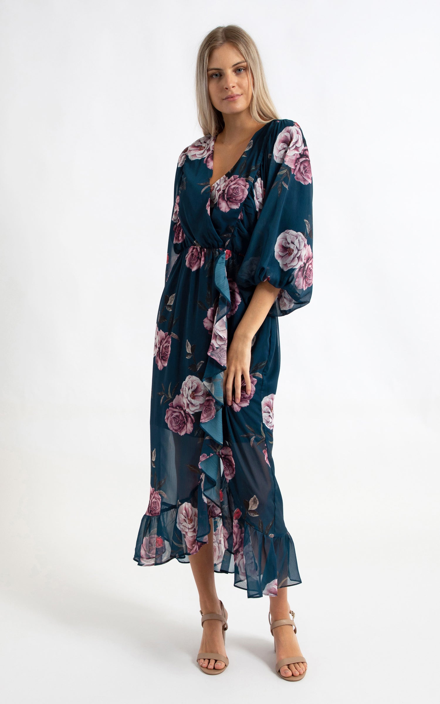 ruffle maxi dress with sleeves