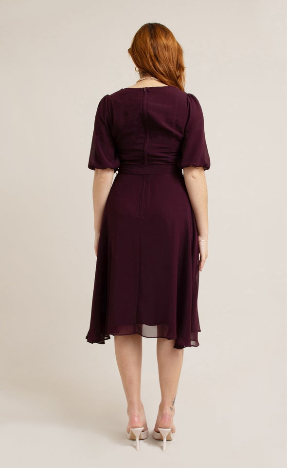 Chiffon Puff Sleeve Skater Dress Aubergine