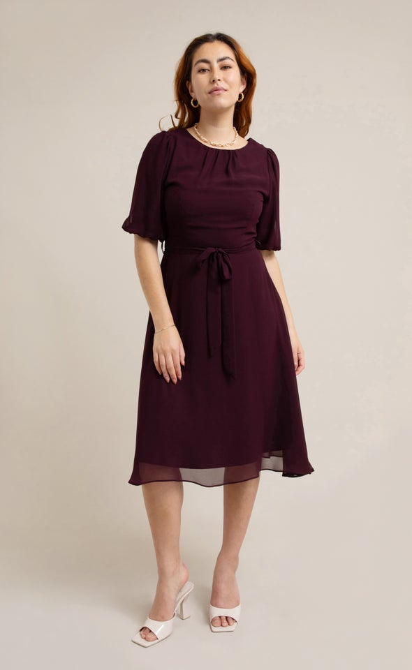 Chiffon Puff Sleeve Skater Dress Aubergine