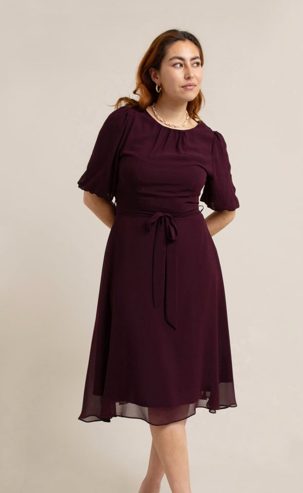 Chiffon Puff Sleeve Skater Dress Aubergine