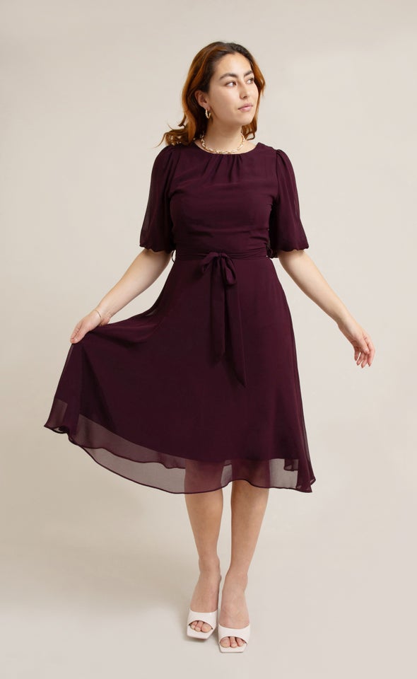 Chiffon Puff Sleeve Skater Dress Aubergine