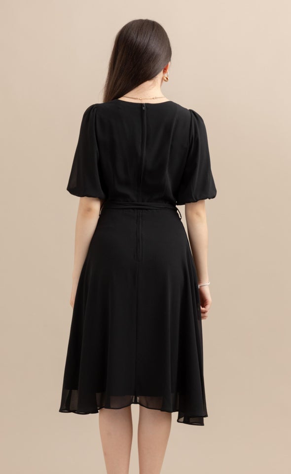 Chiffon Puff Sleeve Skater Dress Black