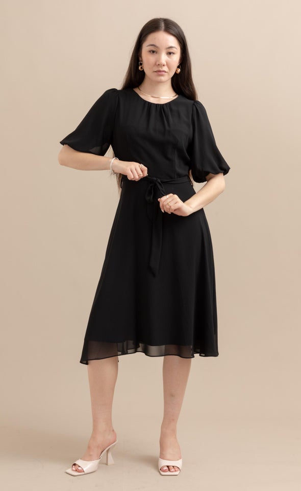 Chiffon Puff Sleeve Skater Dress Black