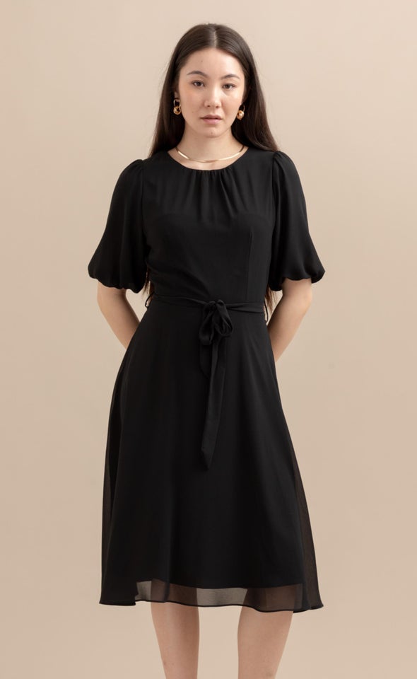 Chiffon Puff Sleeve Skater Dress Black