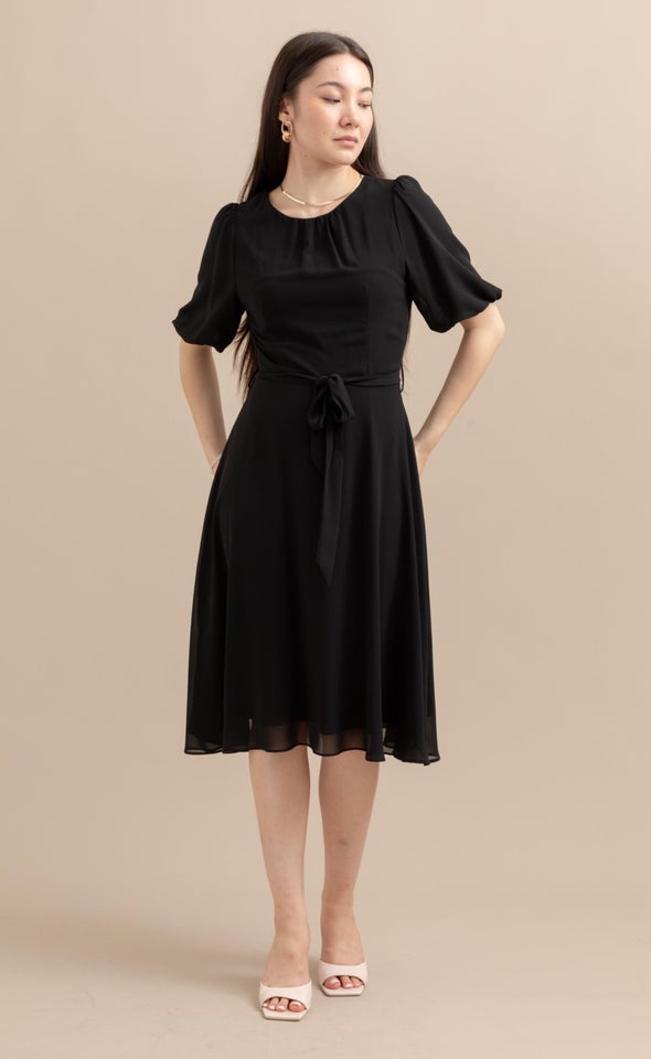 Chiffon Puff Sleeve Skater Dress Black