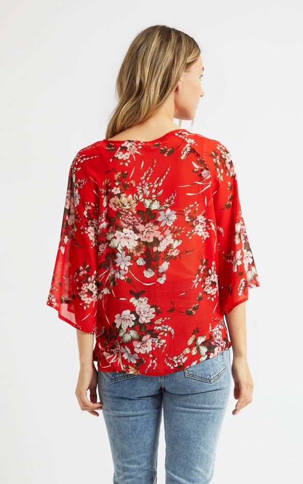 Chiffon Raglan Knot Front Top Red/floral