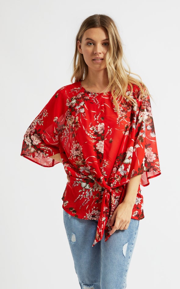 Chiffon Raglan Knot Front Top Red/floral
