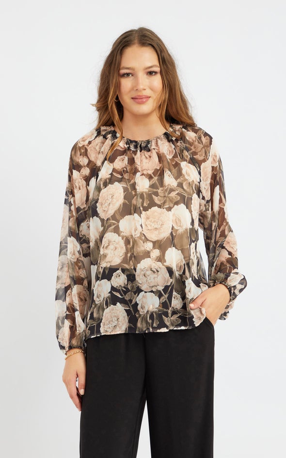 Chiffon Ruched Neck Frill LS Top Black/floral