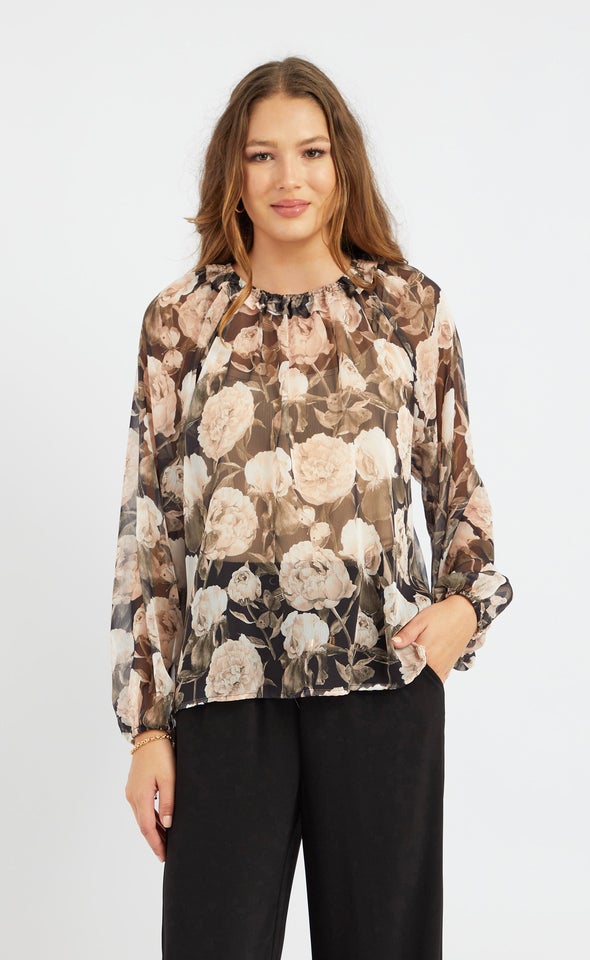 Chiffon Ruched Neck Frill LS Top