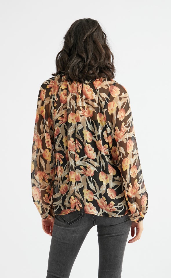 Chiffon Ruched Neck Frill LS Top Black/orange