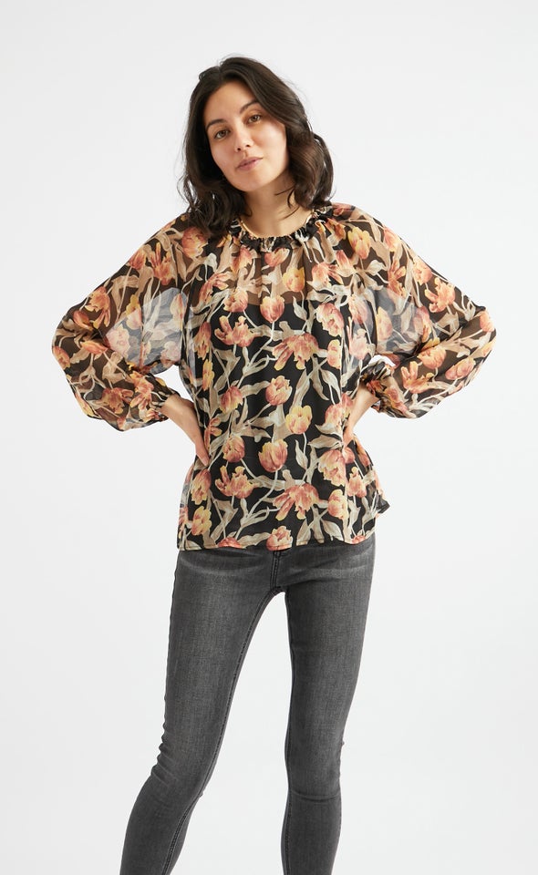 Chiffon Ruched Neck Frill LS Top Black/orange