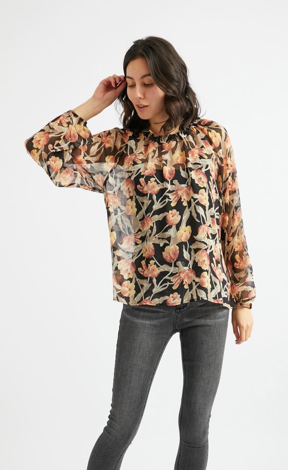 Chiffon Ruched Neck Frill LS Top Black/orange