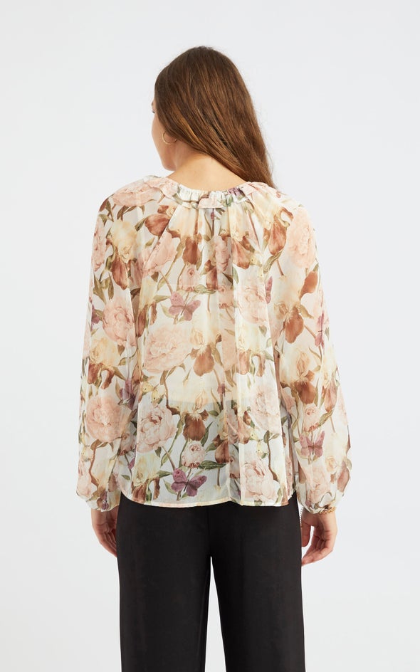 Chiffon Ruched Neck Frill LS Top Cream/floral