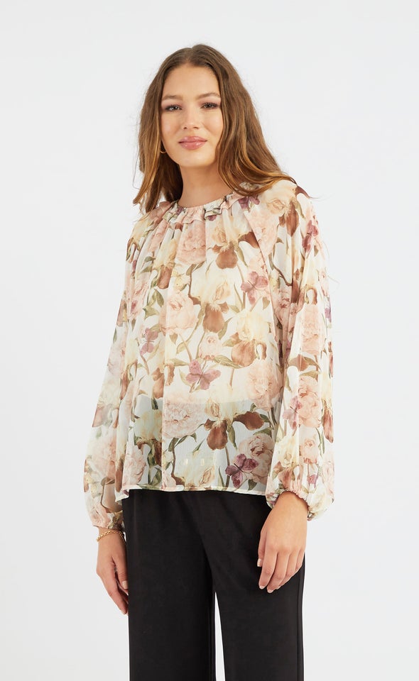 Chiffon Ruched Neck Frill LS Top