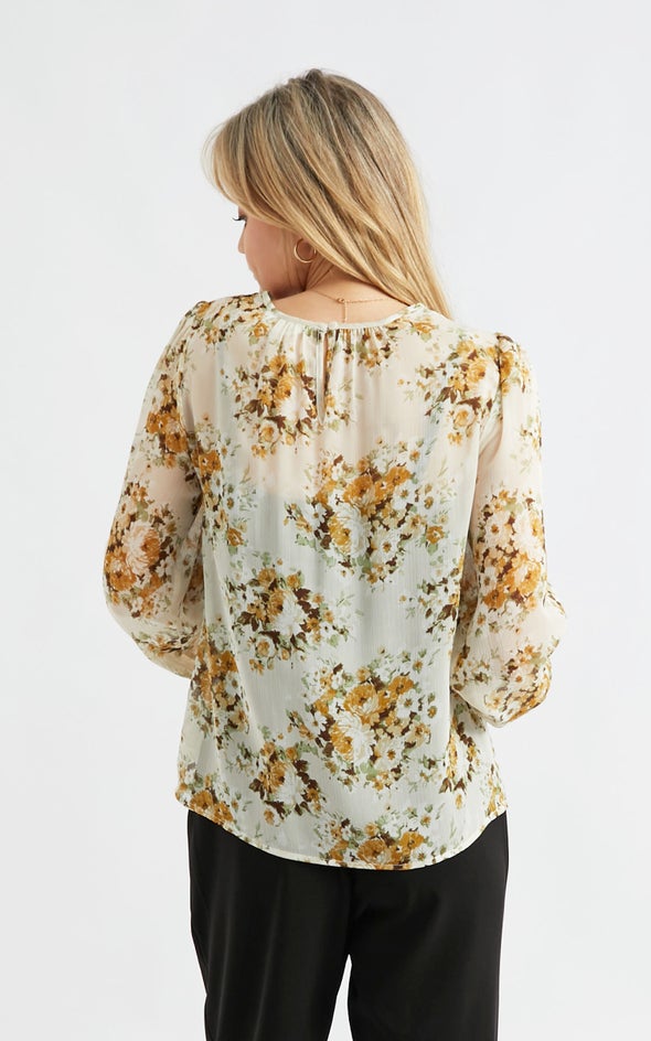 Chiffon Ruched Neck LS Top Beige/floral
