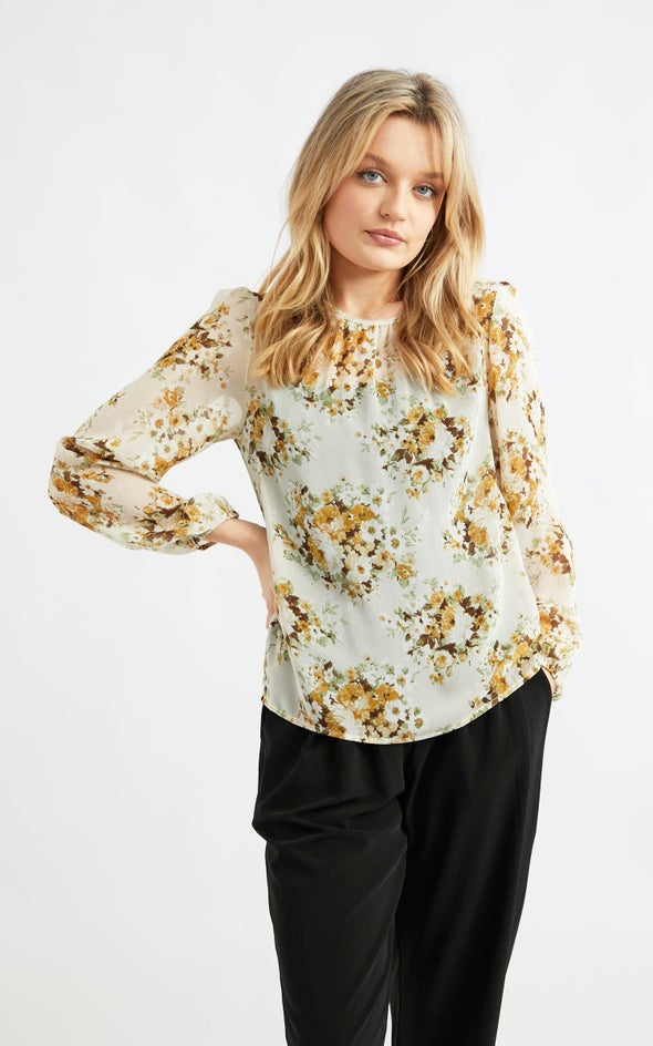Chiffon Ruched Neck LS Top Beige/floral
