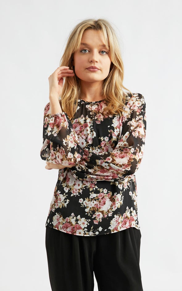 Chiffon Ruched Neck LS Top Black/floral